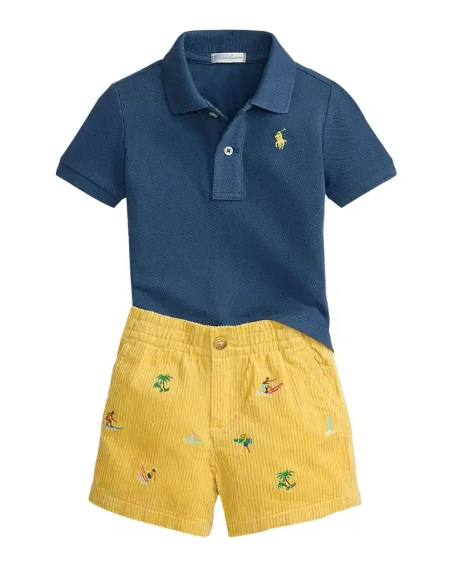 Boy 's Cotton Mesh Polo Shirt & Corduroy Shorts Set, Size 3M-24M