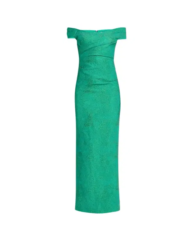 Rickie Freeman for Teri Jon Off-Shoulder Metallic Jacquard Column Gown