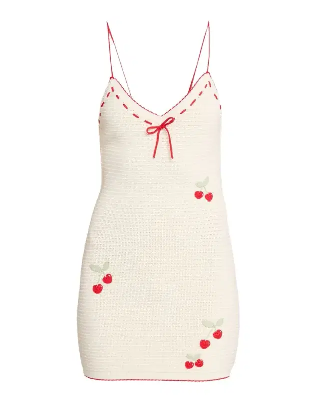 LoveShackFancy Yelena Cherry-Embroidered Crochet Mini Dress