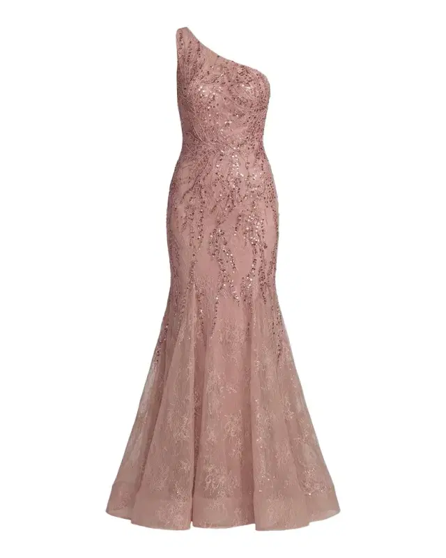 Mac Duggal One-Shoulder Beaded Lace Mermaid Gown
