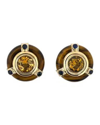 NM Estate Estate 14K Yellow Gold Tiger's Eye Clip Earrings with Citrine and Sapphires | Thumbnail 1