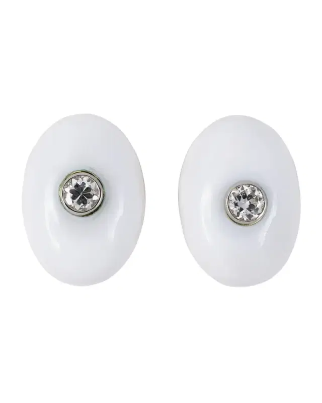 Estate Webb 18K Yellow Gold Diamond and Enamel Oval Domed Button Clip Earrings