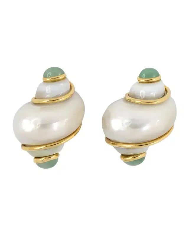 Estate Seaman Schepps 18K Yellow Gold Jadeite Shell Earrings