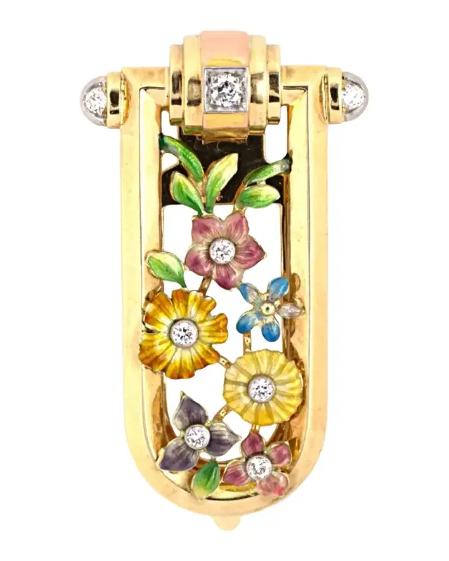 Estate Bailey Banks & Biddle 14K Yellow Gold Diamond and Enamel Flower Clip Pin