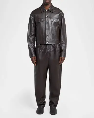Bottega Veneta Men's Intrecciato-Collar Leather Jacket | Thumbnail 2 Bottega Veneta Men's Intrecciato-Collar Leather Jacket | Thumbnail 2