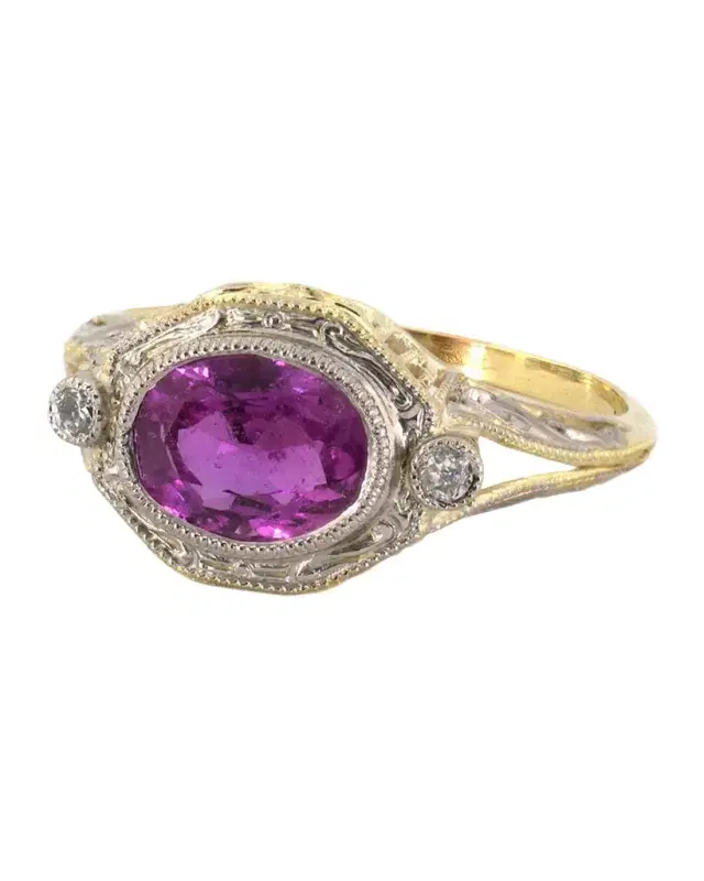 Estate 14K Yellow Gold Diamond and Pink Sapphire Edwardian Ring, Size 6.25