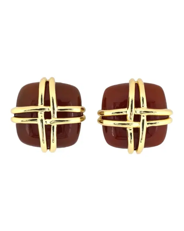 Estate Valentin Magro 18K Yellow Gold Carnelian Cushion Clip Earrings
