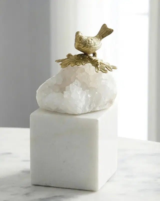 John-Richard Collection Brass Bird and Quartz Sculpture on Marble, Small