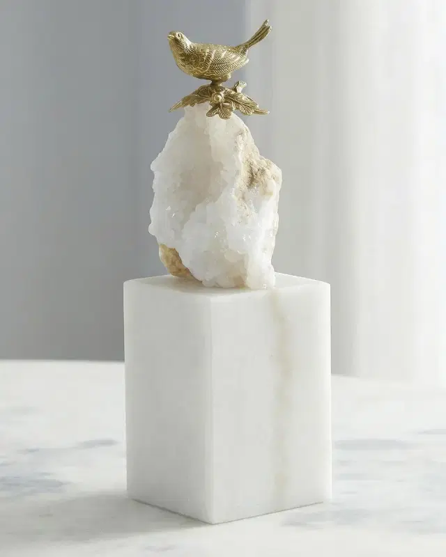 John-Richard Collection Brass Bird and Quartz Sculpture on Marble, Large
