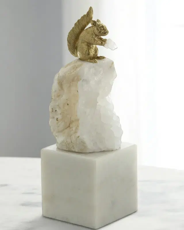 John-Richard Collection Brass Squirrel and Quartz Sculpture on Marble, Large