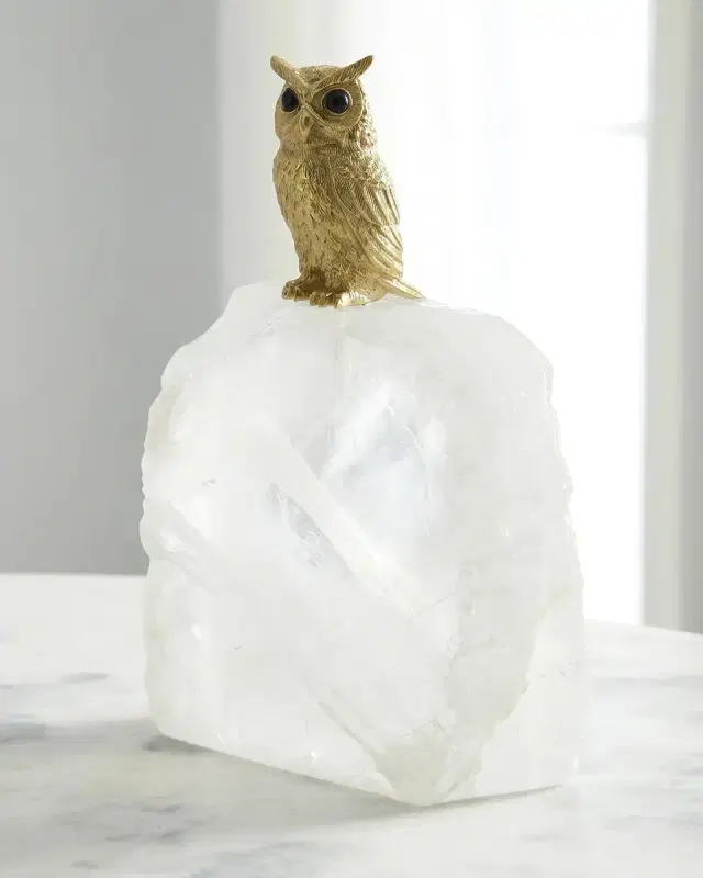 John-Richard Collection Perched Brass Owl Sculpture on Selenite, Small