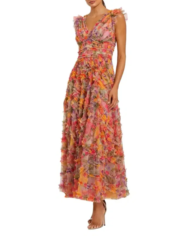 Floral Ruffle Cap-Sleeve Maxi Dress