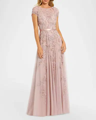 Mac Duggal Petite Floral Applique Cap-Sleeve A-Line Gown | Thumbnail 2