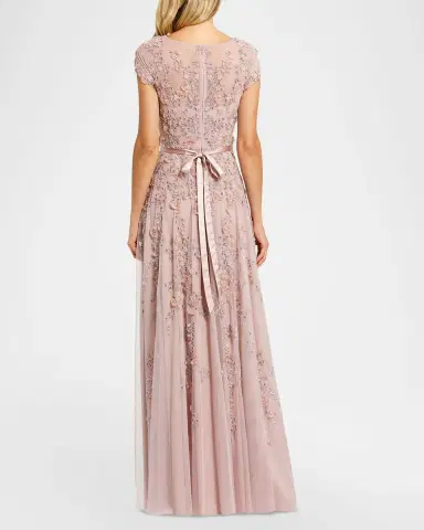 Mac Duggal Petite Floral Applique Cap-Sleeve A-Line Gown | Thumbnail 3