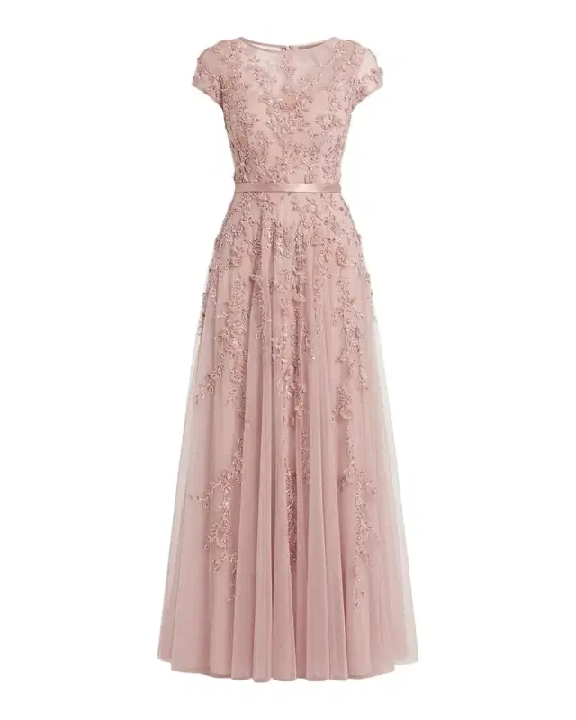 Mac Duggal Petite Floral Applique Cap-Sleeve A-Line Gown