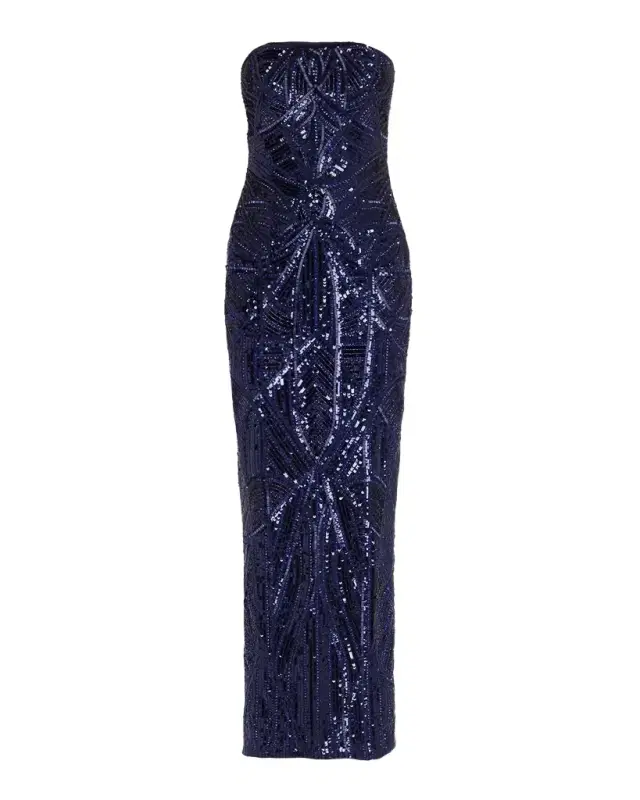 Pamella Roland Strapless Beaded Tulle Column Gown
