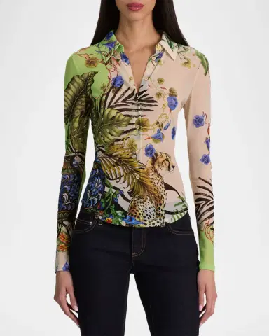 ALICE + OLIVIA Jade Mesh Button-Front Top | Thumbnail 4