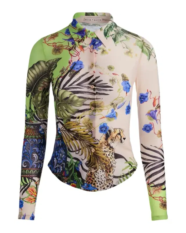 ALICE + OLIVIA Jade Mesh Button-Front Top