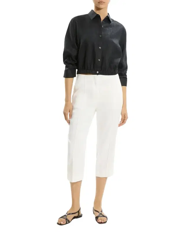 Ruched-Sleeve Cropped Linen Shirt