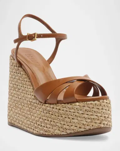Schutz Keefa 120MM Leather-Raffia Wedge Sandals | Thumbnail 10