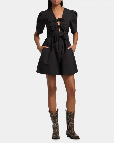 Ganni Tie-Waist Stretch-Cotton A-Line Minidress | Thumbnail 2 Ganni Tie-Waist Stretch-Cotton A-Line Minidress | Thumbnail 2