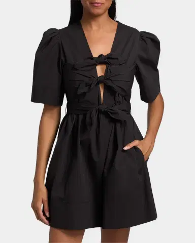 Ganni Tie-Waist Stretch-Cotton A-Line Minidress | Thumbnail 4 Ganni Tie-Waist Stretch-Cotton A-Line Minidress | Thumbnail 4