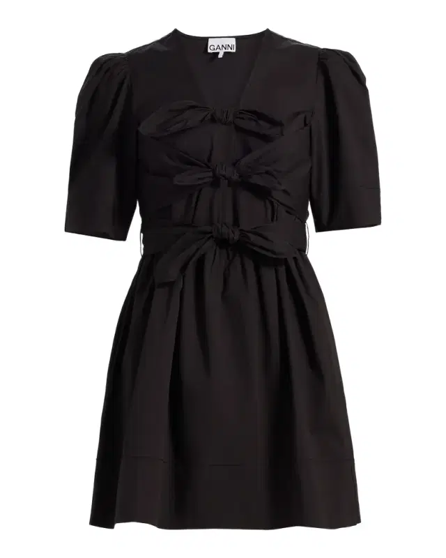 Ganni Tie-Waist Stretch-Cotton A-Line Minidress