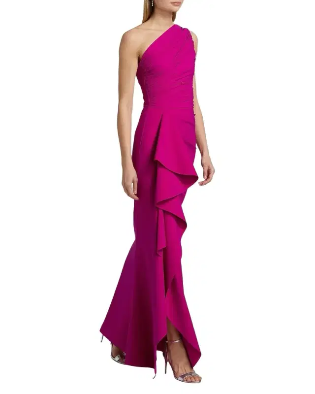 Ruched One-Shoulder Ruffle Gown