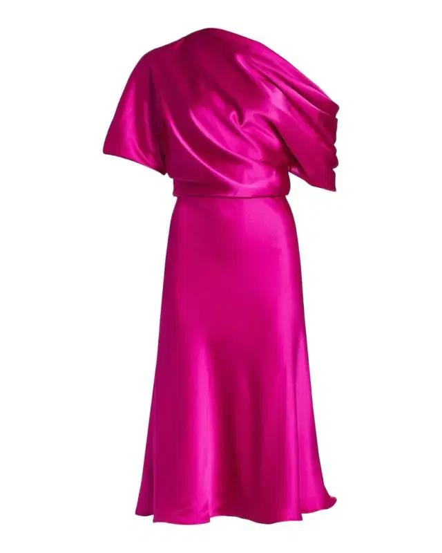 Draped Satin One-Shoulder Midi Dress