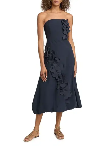 Ramy Brook Women's Zaria Floral Appliqué Cotton-Blend Strapless Midi-Dress - Navy - Size 12 | Thumbnail 3