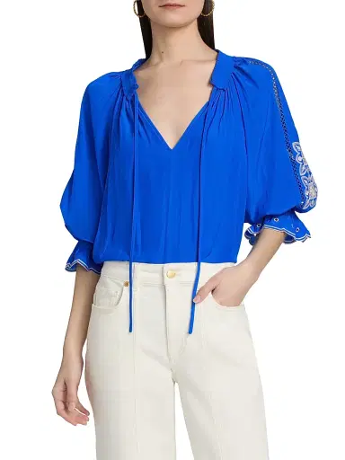 Ramy Brook Women's Haven Embroidered Top - Capri Blue - Size XL | Thumbnail 3
