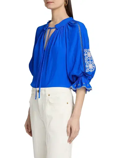 Ramy Brook Women's Haven Embroidered Top - Capri Blue - Size XL | Thumbnail 4