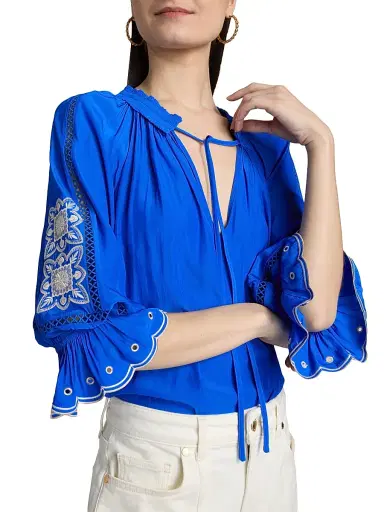 Ramy Brook Women's Haven Embroidered Top - Capri Blue - Size XL | Thumbnail 6