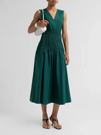 Proenza Schouler White Label Women's Loren Smocked Poplin Midi-Dress - Spruce | Thumbnail 4