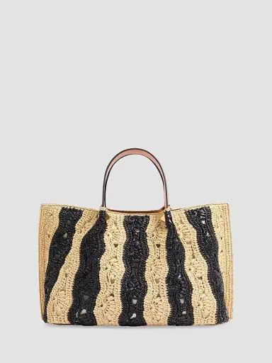 Valentino Garavani Women's Medium Raffia Shopping Bag with Wave Motif - Natural Black | Thumbnail 4 Valentino Garavani Women's Medium Raffia Shopping Bag with Wave Motif - Natural Black | Thumbnail 4