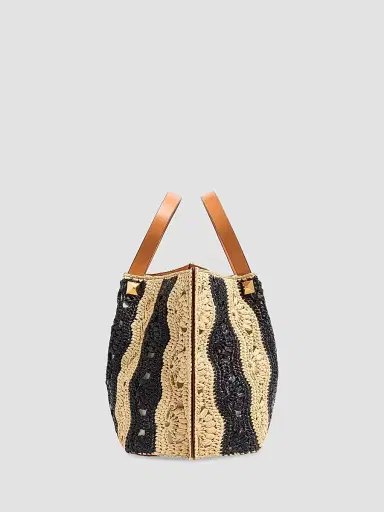 Valentino Garavani Women's Medium Raffia Shopping Bag with Wave Motif - Natural Black | Thumbnail 6 Valentino Garavani Women's Medium Raffia Shopping Bag with Wave Motif - Natural Black | Thumbnail 6
