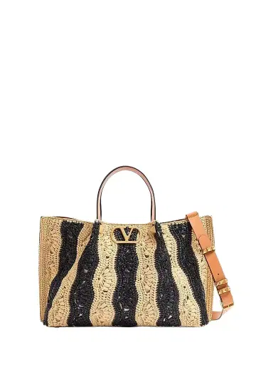 Valentino Garavani Women's Medium Raffia Shopping Bag with Wave Motif - Natural Black | Thumbnail 1 Valentino Garavani Women's Medium Raffia Shopping Bag with Wave Motif - Natural Black | Thumbnail 1