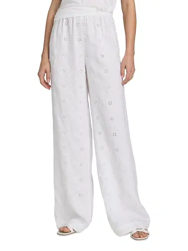 LoveShackFancy Women's Cinna Eyelet Linen Wide-Leg Pants - Optic White - Size XL | Thumbnail 3
