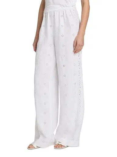 LoveShackFancy Women's Cinna Eyelet Linen Wide-Leg Pants - Optic White - Size XL | Thumbnail 4