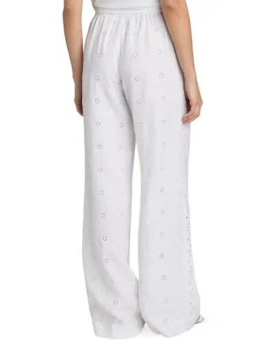 LoveShackFancy Women's Cinna Eyelet Linen Wide-Leg Pants - Optic White - Size XL | Thumbnail 5