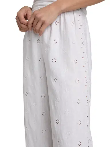 LoveShackFancy Women's Cinna Eyelet Linen Wide-Leg Pants - Optic White - Size XL | Thumbnail 6