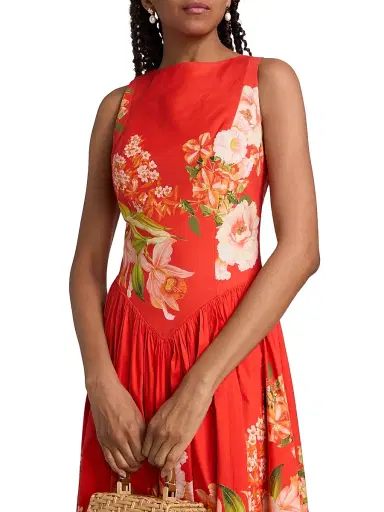 Hemant & Nandita Women's Floral Cotton Boatneck Midi-Dress - Orange - Size XL | Thumbnail 6