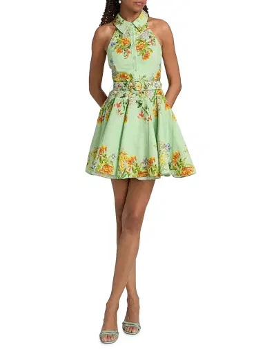 Hemant & Nandita Women's Floral Linen-Cotton Belted Minidress - Green | Thumbnail 2