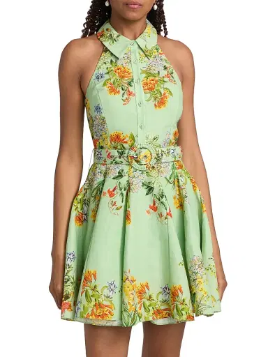 Hemant & Nandita Women's Floral Linen-Cotton Belted Minidress - Green | Thumbnail 3