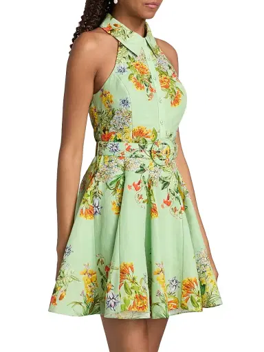 Hemant & Nandita Women's Floral Linen-Cotton Belted Minidress - Green | Thumbnail 4
