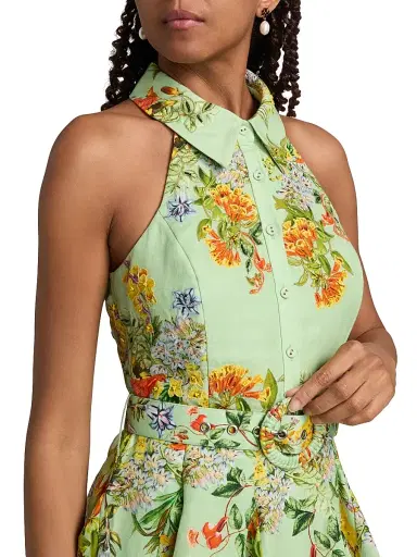 Hemant & Nandita Women's Floral Linen-Cotton Belted Minidress - Green | Thumbnail 6