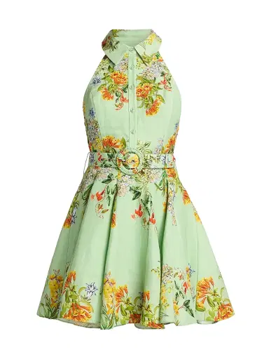 Hemant & Nandita Women's Floral Linen-Cotton Belted Minidress - Green | Thumbnail 1