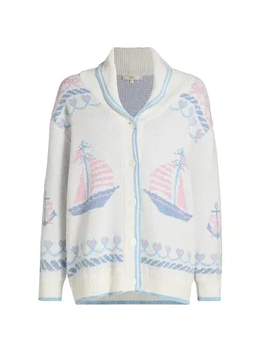 LoveShackFancy Women's Aribella Rib-Knit Nautical Cotton Cardigan - Seaglass Kiss - Size Large | Thumbnail 1 LoveShackFancy Women's Aribella Rib-Knit Nautical Cotton Cardigan - Seaglass Kiss - Size Large | Thumbnail 1