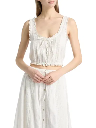 LoveShackFancy Women's Blyss Lace-Trim Cotton Crop Top - Optic White - Size XL | Thumbnail 3