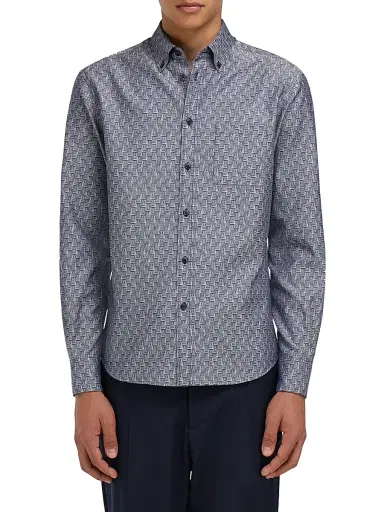 Ferragamo Men's Geometric Gancini Cotton Button-Down Shirt - New Navy - Size Small | Thumbnail 3 Ferragamo Men's Geometric Gancini Cotton Button-Down Shirt - New Navy - Size Small | Thumbnail 3